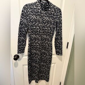 Ted Baker Black & White Animal Printed Long Sleeve Midi Dress